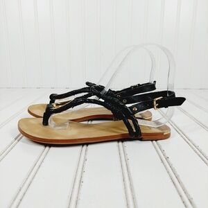 Dolce Vita Black Braided Straps Buckle Sling Back Leather Thong Flat Sandal C118